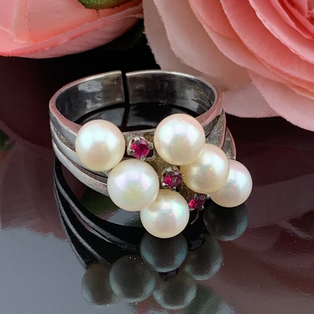 Genuine Natural Pearl Ruby Red Gemstone Sterling Silver Vtg Ring 7 -7.75"  J241